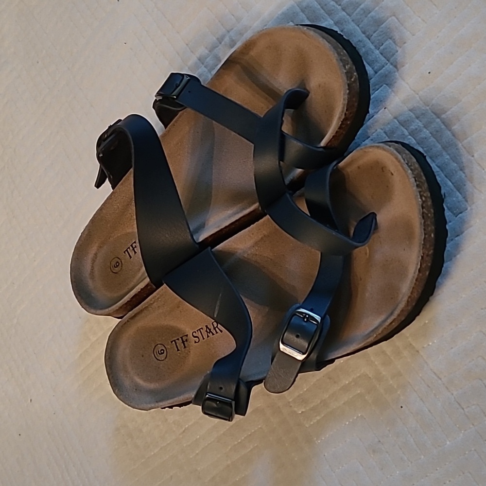 TF Star Cork Footbed Sandals, Black, Size 9